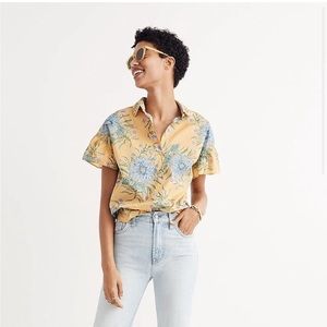 Madewell yellow flower ruffled sleeve  button up blouse / shirt size large